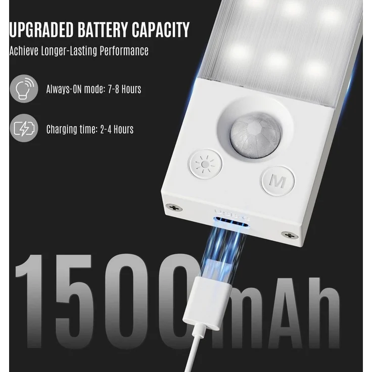 LQWELL LED Unterbauleuchte mit Bewegungsmelder, Dimmbar, Akku, USB-C Wiederaufladbar Schranklicht, LED fest integriert, Treppenlicht, Nachttischlampe 42,5 cm, 2200 mAh – Bild 3