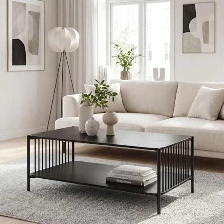 FINEBUY Couchtisch FB117145 Sofatisch 110cm Schwarz Eiche Optik Wohnzimmertisch Ablage (Moderner Wohnzimmertisch im coolen Loft-Design), Großzügige Ablagefläche für Zeitschriften & mehr – Bild 2