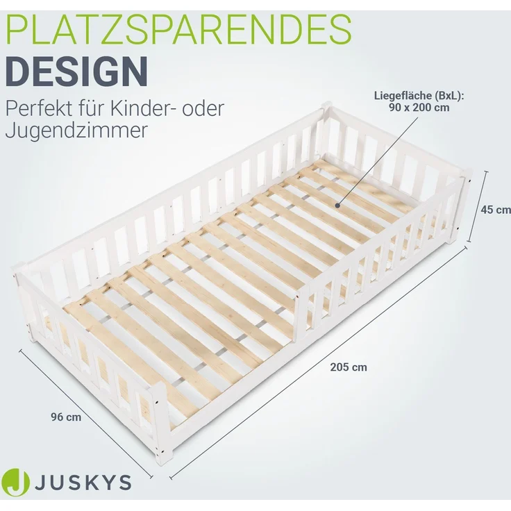 Juskys 'Naya' Kinderbett - mit Rausfallschutz & Lattenrost - Bodenbett für Kinder 3 -10 Jahre - modern, Holz Weiß, 90x200 cm – Bild 2