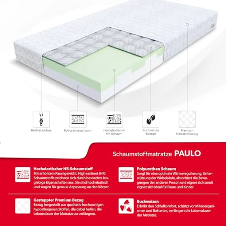 FDM 'Paulo' Kindermatratze, 120x200 cm, 9 Zonen Kaltschaum, Buchweizen, H3, Höhe 16 cm – Bild 4