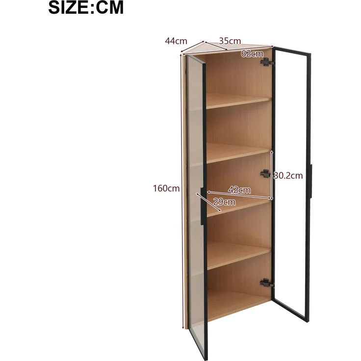 Flieks LED Eckvitrine 62×35×160 cm, Vitrinenschrank mit gehärteten Glastüren & Beleuchtung, Sammlungsvitrine, Bücherregal, Eckschrank, Eichenfarbe – Bild 3