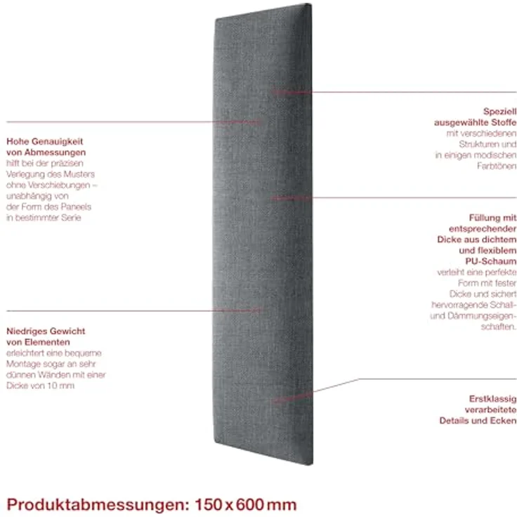 MOLLIS Polsterplatte, Rechteckiges und Dekoratives Wandpaneel, Geeignet als Bettkopfteil oder Aufprallschutz, Reduziert Schall und Verbessert Akustik, aus Schaumstoff, 60x15 cm, Anthrazit – Bild 3