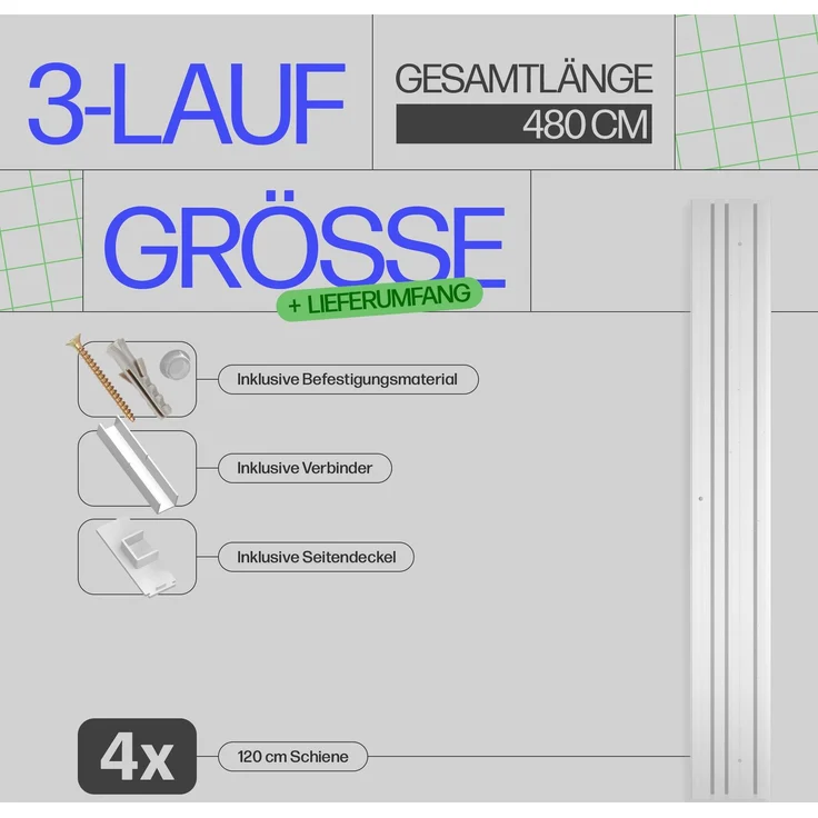 Bestlivings Gardinenschiene ( Weiß ) 480cm (4x120 cm) 3-läufig – Bild 2