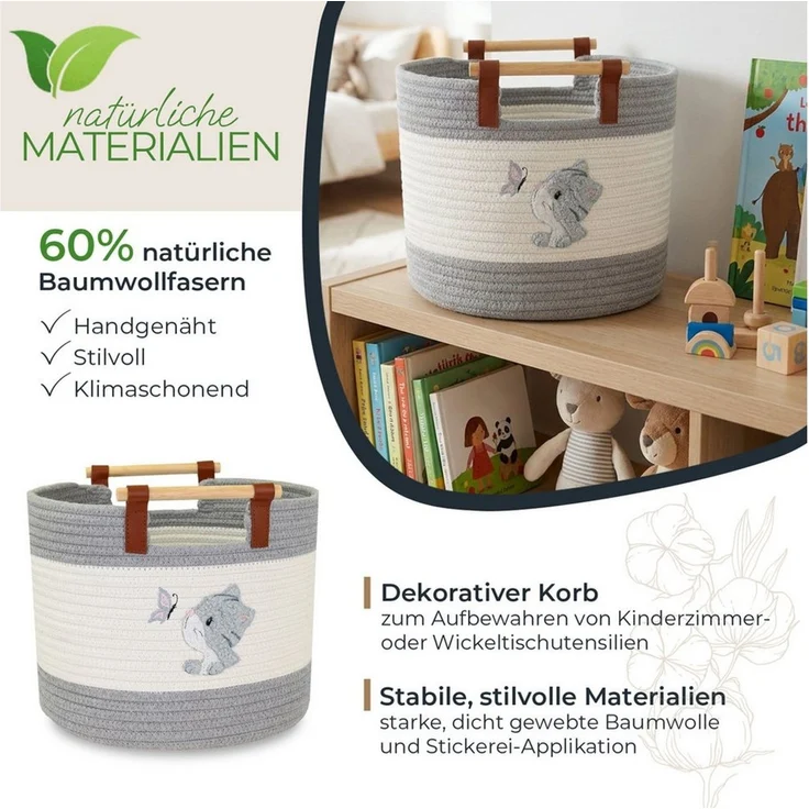 HMF Aufbewahrungskorb Aufbewahrungskorb mit Holzgriffen, runder Korb, Baumwolle für Kinderzimmer oder Babyzimmer, Katze, 30 x 30 x 24 cm – Bild 2