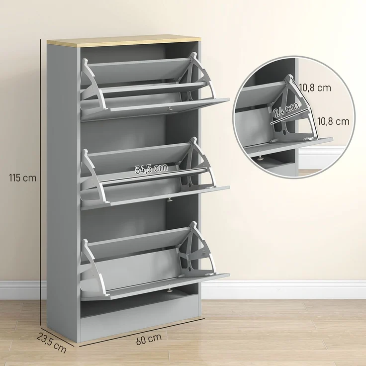 Schuhschrank für 18 Paar Schuhe, Schuhschrank mit 3 Klappschubladen, verstellbaren Einlegeböden, 60 x 23,5 x 115 cm, grau – Bild 5