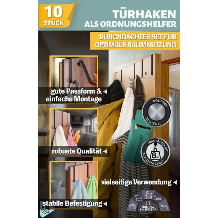 Lindenstein Türhaken Türhaken zum Einhängen, Türen, (Packung, 10-St, 10), Ohne Bohren, fest, rostfrei, langlebig, formstabil – Bild 2