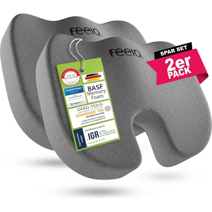 feela.® Orthopädisches Sitzkissen [3 Härtegrade] TESTSIEGER – Ergonomische Sitzkissen für Bürostuhl & Auto – Schmerzlindernd, Steißbein entlastend, Sitzkomfort erhöhend (2er Set, Hart)