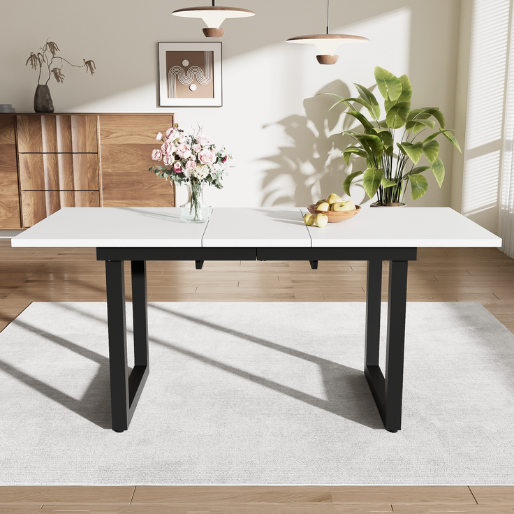 Moderner Esstisch mit Ausziehfunktion und Stahlrohr-Gestell, 80x180x75 cm, Weiß+Schwarz