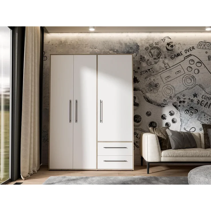 Forte Kleiderschrank MOKKARIS - Schlafzimmer Drehtürenschrank in Weiß (120) / Sonoma Eiche (D30) – Bild 6