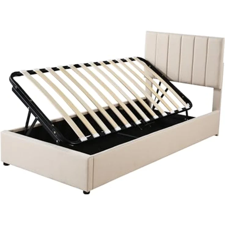FAVSH Boxspringbett Einzelbett 90 x 200 cm - Hydraulisches Stauraumbett mit Lattenrost, Polsterbett mit Stauraum für Kinderbett Jugendbett mit Verstellbares Kopfteil, Leinen (Beige) – Bild 6