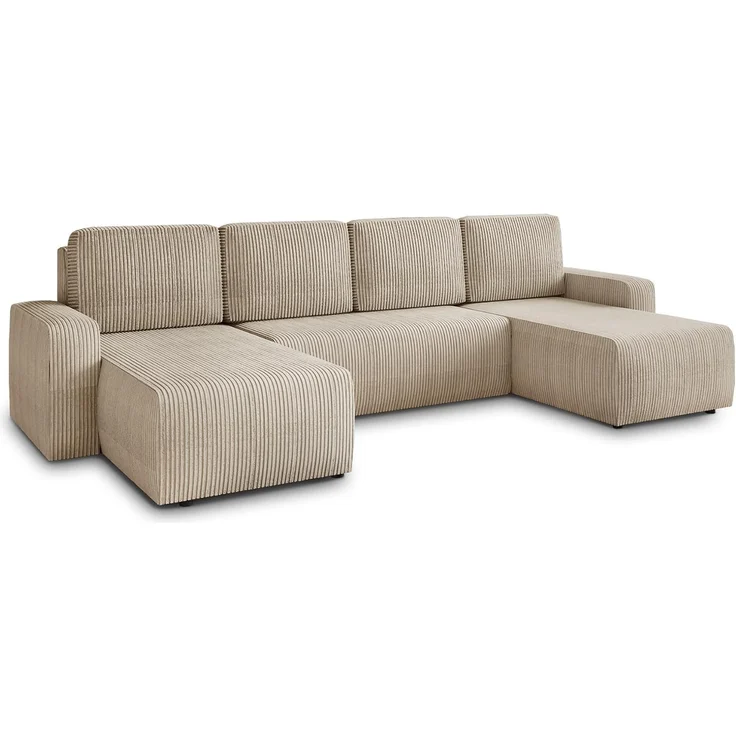 Wohnlandschaft mit Schlaffunktion Roma - U-Form Couch, Schlafsofa mit Bettkasten, Couchgranitur mit Bettfunktion, Big Sofa, Cord Stoff (Beige (Poso 100)) – Bild 1