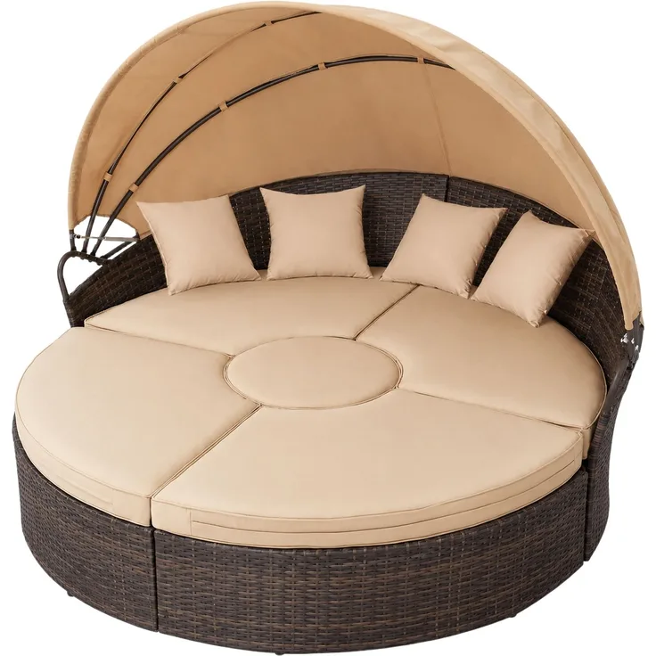 Polyrattan Sonneninsel 180cm Gartenmuschel Sonnenliege Loungebett braun/beige
