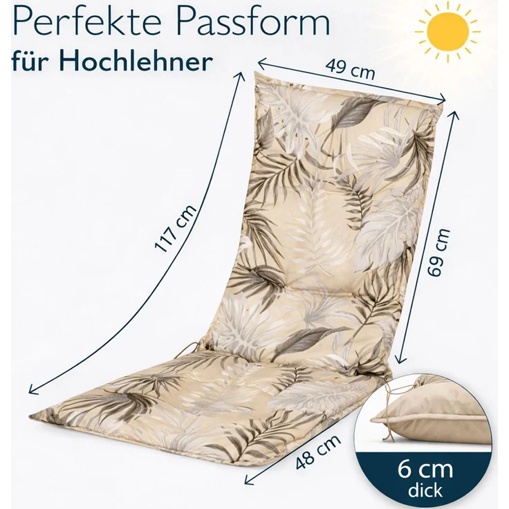 BURI 4x Hochlehner Auflage 117x49x6 cm - wetterfeste Gartenstuhlauflage mit Schaumkern & Vollvlies, Halteband & Bindebänder, bequemes Stuhlpolster für Balkon, Terrasse & Garten (Beige-Blätter) – Bild 2