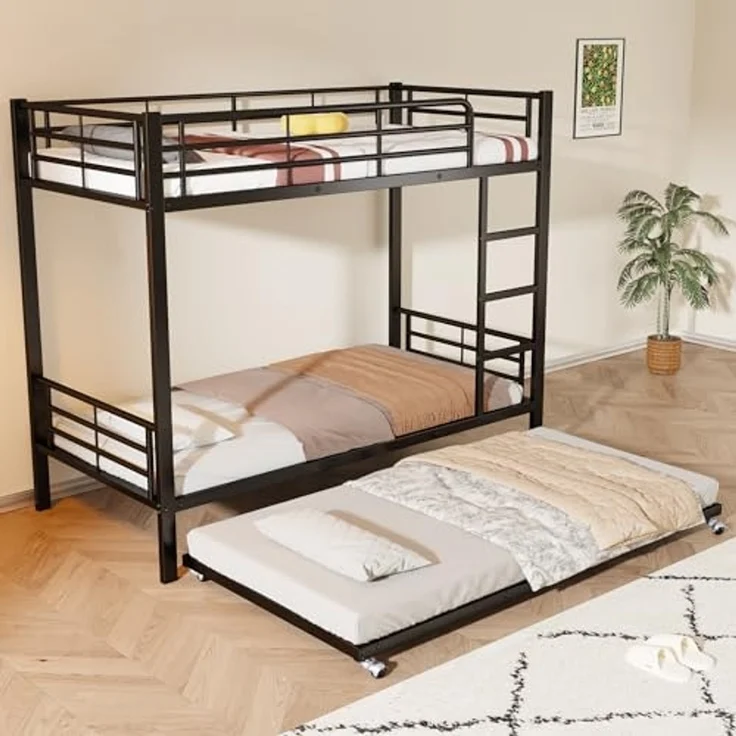 Ball & Cast Hochbett (90x200cm&90x190cm) Metall Kinderbett mit Absturzsicherung und Treppe, Etagenbett mit Ausziehbett für 3 Kinder, Schwarz – Bild 6