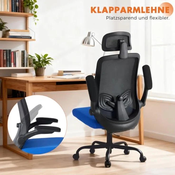 Sweetcrispy Ergonomischer Bürostuhl mit Kopfstütze & verstellbaren Armlehnen – höhenverstellbar, 360° drehbar, Gaming & Schreibtischstuhl für Homeoffice & Büro, Schwarz/Blau – Bild 8