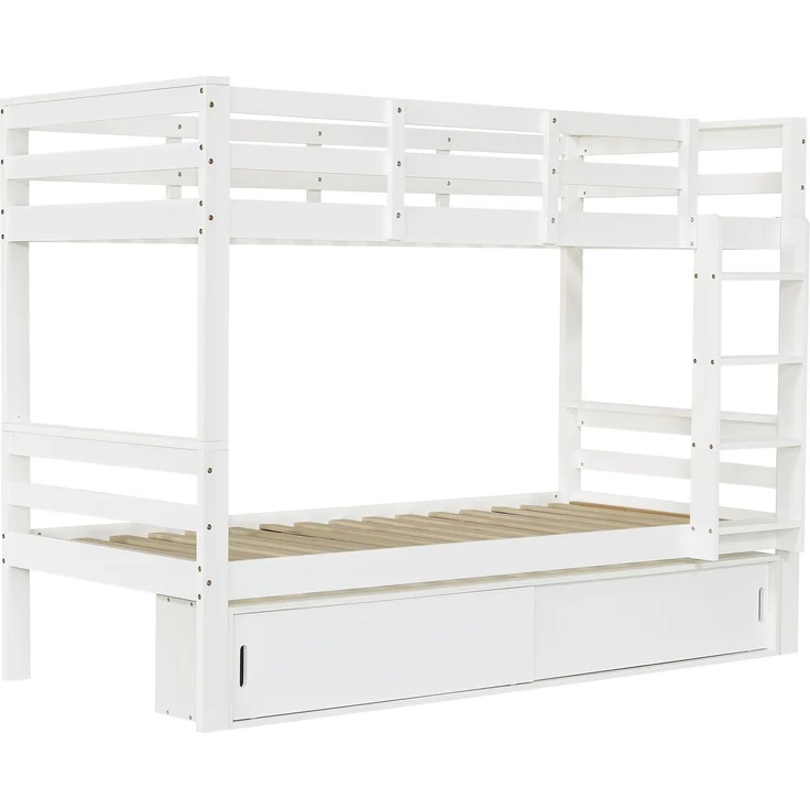Etagenbett 90x200 cm, teilbar in 2 Einzelbetten, mit Schiebetür-Stauraum, Weiß (ohne Matratze) – Bild 9