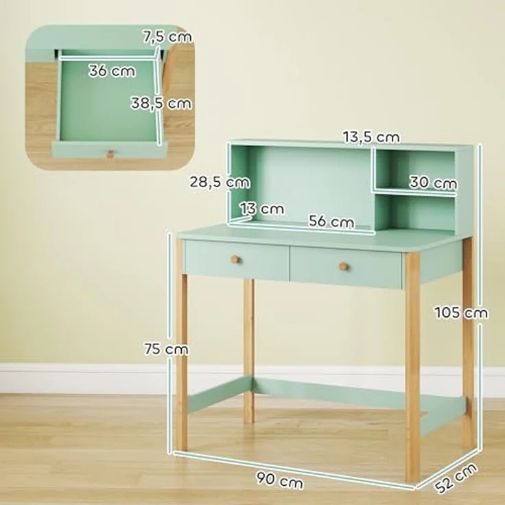 AIYAPLAY Kinderschreibtisch mit Schubladen Regal Stauraum (Schülerschreibtisch, 1-St, Kinder Schreibtisch), für 5-12 Jahre Kinder, zum Lernen, Lesen, Malen, Basteln Grün – Bild 3
