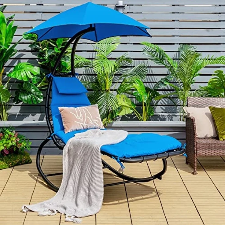 COSTWAY Hängeliege Schwebeliege mit Sonnenschirm und Auflage, Sonnenliege Relaxliege bis 150kg belastbar, Schaukelliege für Balkon, Pool, Garten (Grün) – Bild 2