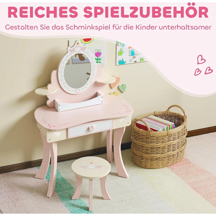 AIYAPLAY Schminktisch mit Hocker, Schublade, abnehmbar Spiegel, Regal, 7 Spielzubehörteilen (Frisiertisch, 2-St, 2-in-1-Kosmetiktisch), für Kinder ab 3 Jahre, Rosa – Bild 4