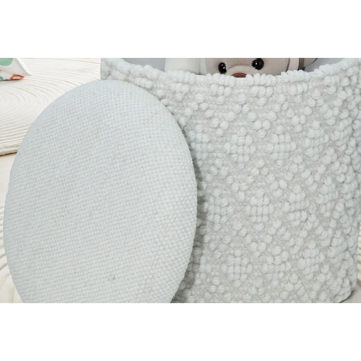 Hocker Boho Wolle mit Stauraum Ø40xH45cm Weiß abnehmbare Sitzfläche – Bild 5