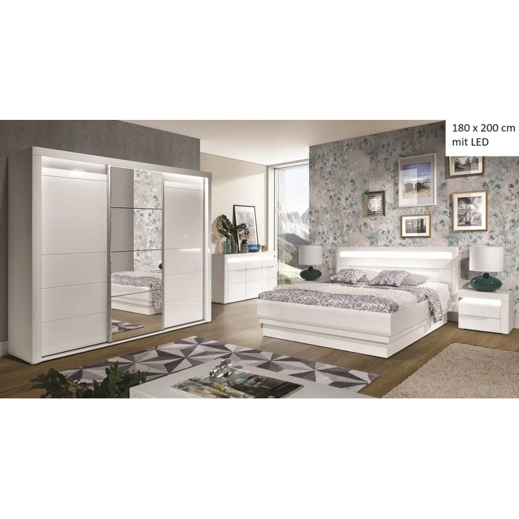 QMM TraumMöbel Schlafzimmer-Set Schlafzimmer komplett Iris Set C 160x200 / 180x200 LED, (Set, 4-tlg, Schiebetürschrank mit LED, Doppelbett 160/180x200, 2 Nachttische), mit LED-Beleuchtung – Bild 1
