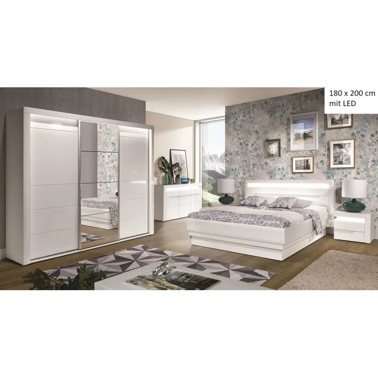 QMM TraumMöbel Schlafzimmer-Set Schlafzimmer komplett Iris Set C 160x200 / 180x200 LED, (Set, 4-tlg, Schiebetürschrank mit LED, Doppelbett 160/180x200, 2 Nachttische), mit LED-Beleuchtung