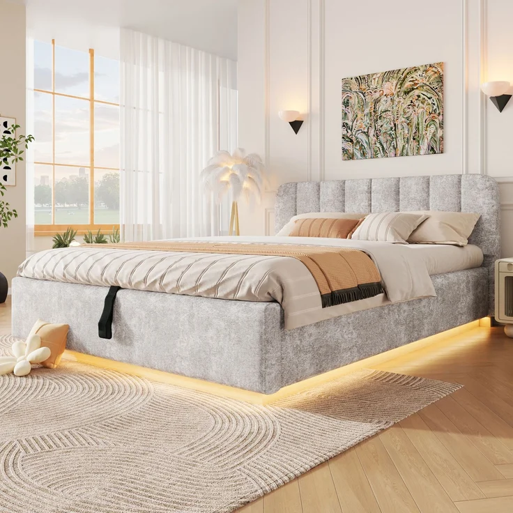 Polsterbett, Doppelbett, 140 x 200 cm, Bett mit Lattenrost, Kopfteil,Gepolstertes Kopfteil,Hydraulische Lagerung, Mit LED-Lichtleiste, Ohne Matratze, Hellgrau Chenille – Bild 2