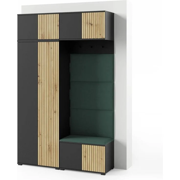 Garderoben-Set Rosario Version 3 mit Lamellen, Kleiderschrank mit Polsterplatten und Schuhschrank (Schwarz / Eiche Artisan, Trinity 28), 225 x 40 x 140 cm – Bild 1