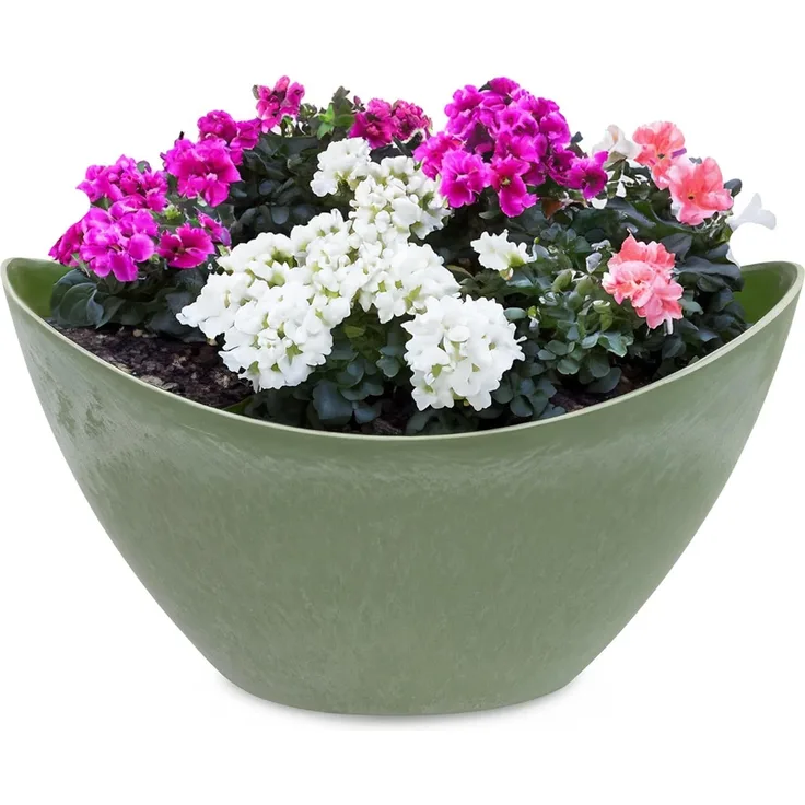 matches21 HOME & HOBBY Blumentopf Hohe Pflanzschale oval Vintage oliv-grün 20 x 12 cm wetterfest (1 St), Schiffchen Deko-Schale als Tischdeko Blumen-Schale Outdoor Garten-Deko