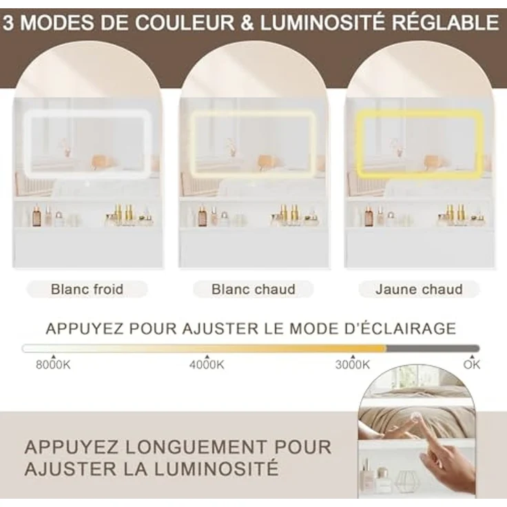JUMMICO Schminktisch mit Beleuchtung und Spiegel, Weißer Kleiner Schminktisch mit Schubladen & LED-Spiegel, Moderner Frisiertisch mit Stauraum für Make-up, 90 x 58 cm – Bild 3