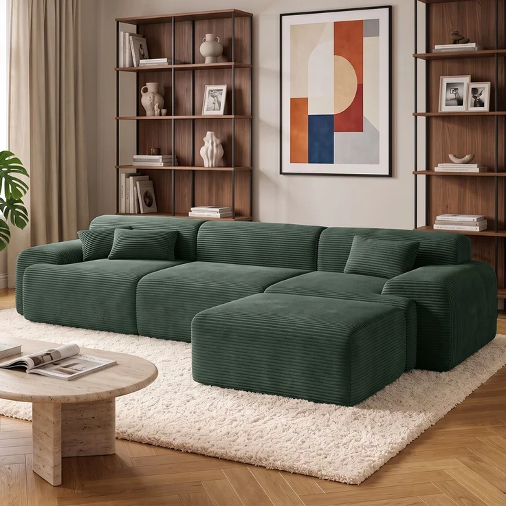 skølm 'Menja' Sofa 3-tlg mit Hocker, 3er Sitz mit 3 Kissen, Cord dunkelgrün, Vollschaumcouch mit Federkern und Vakuum-Kompression, kein Aufbau erforderlich – Bild 1