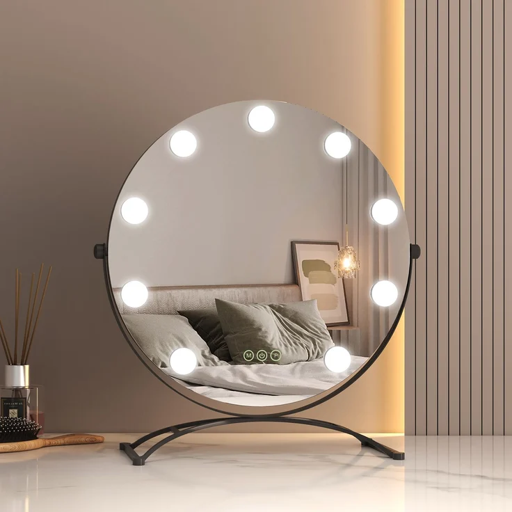 EMKE Runder Schminkspiegel Hollywood Spiegel mit Beleuchtung LED Tischspiegel, mit Touch, 3 Lichtfarben,9 Dimmbaren LED-Leuchtmitteln,7 x Vergrößerungsspiegel,Memory-Funktion, 360° Drehbar,Schwarz,40 cm – Bild 6