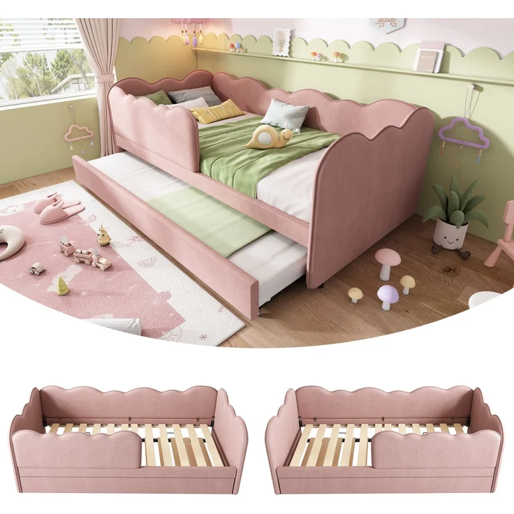 CHICFURN Bett Samt Rosa 90/180x190 cm mit Ausziehbett und abnehmbarem Vordergitter – Bild 4