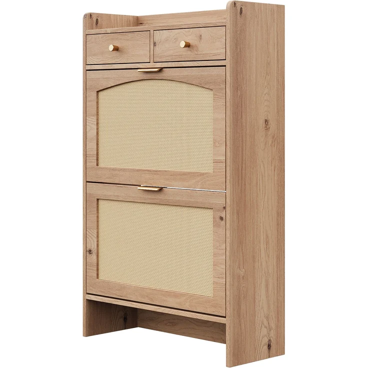 ZUBALIYA Schuhschrank (65 x 25 x 106 cm), 2 Klappfächer und 2 Schubladen, Fronten in Flechtoptik, Aus Spanplatte, Naturfarben – Bild 17