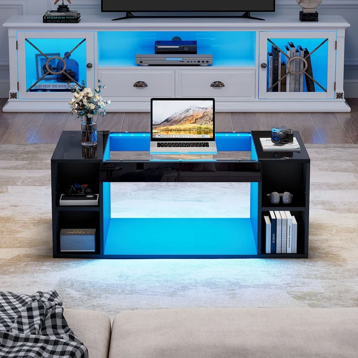 Couchtisch, ausgehöhlter Tisch mit gehärteter Glasplatte, 100x50x40 cm, schwarz, mit LED-Beleuchtung – Bild 3