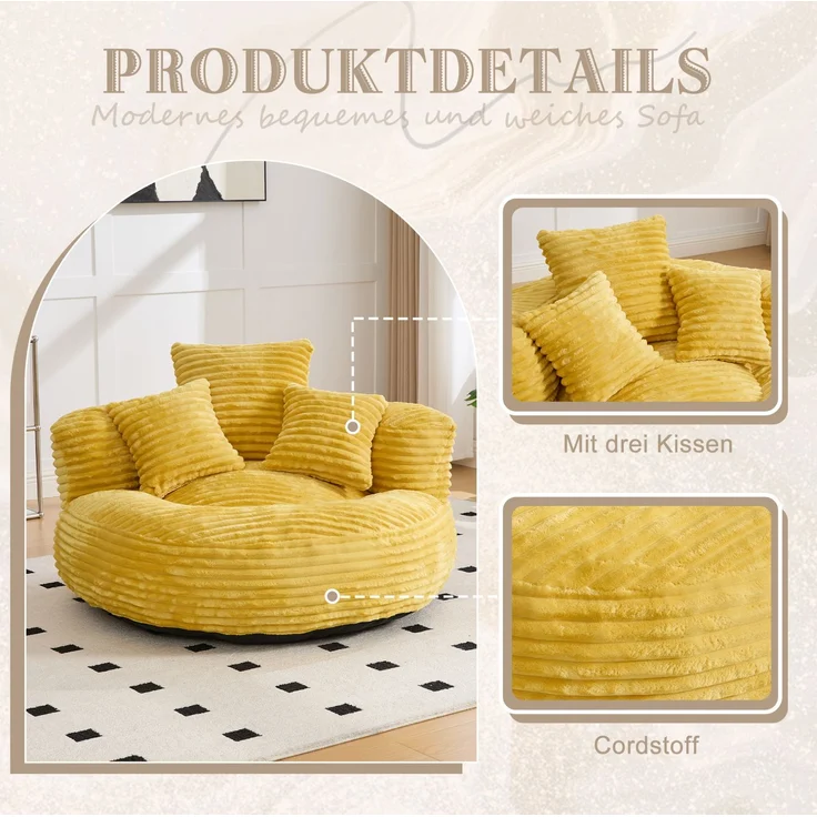 DESVIAE Sitzsack mit hoher Rückenlehne 108x52x108 cm aus Cord, senfgelb – Bild 6
