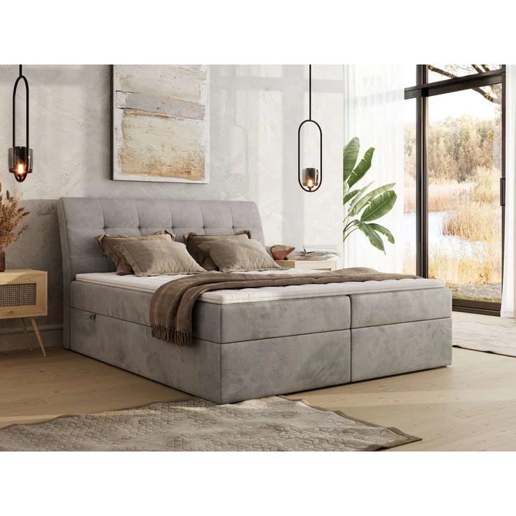 Boxspringbett DAGOS 160 x 200 cm mit Kopfteil, Lattenrost und Stauraum – Doppelbett mit Matratze & Topper Visco , stabile Konstruktion, Bettkasten, modernes Design - Hellgrau Velvet - H3 – Bild 1