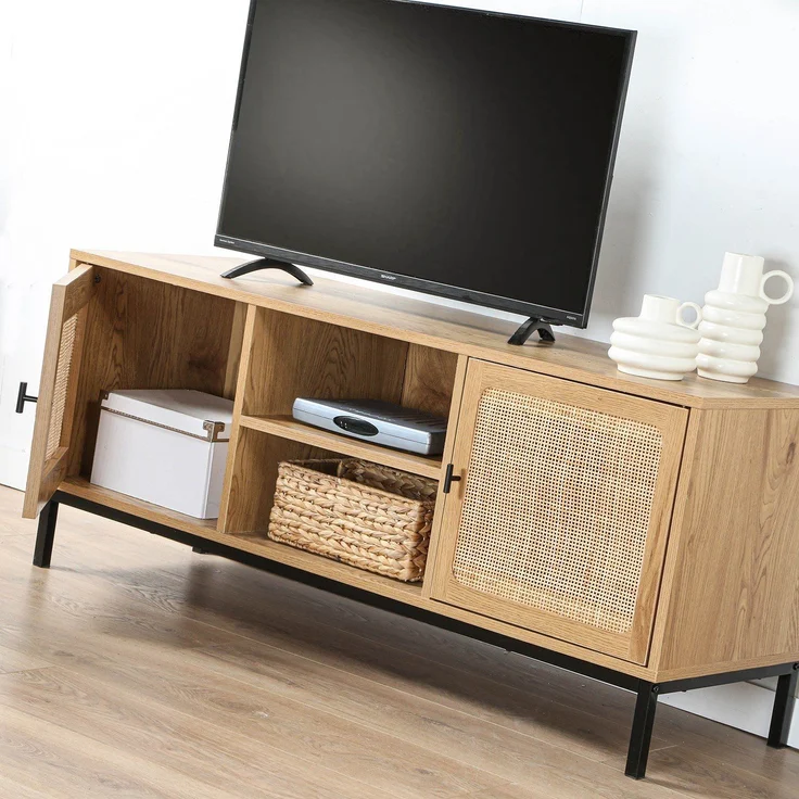 Casâme TV-Möbel mit 2 Türen, Rattangeflecht und 2 Ablagen - L120cm - Helles Holz – Bild 8
