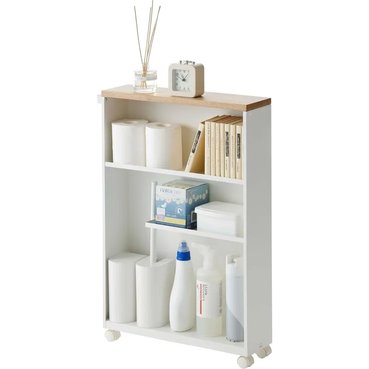 Yamazaki Badregal "Tower" schmal, Toilettenpapier Aufbewahrung WC-Rollen 45x68x13cm, Rollregal, Badwagen, Rollwagen, Regal auf Rollen mit Ablage