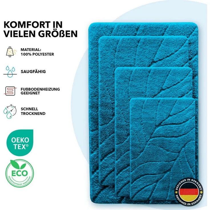 Floordirekt Badematte Maris – Flauschiger Badteppich, Blattstruktur, rutschfest & waschbar, rutschhemmend beschichtet, fußbodenheizungsgeeignet, schnell trocknend, Polyester, für Fußbodenheizung geeignet, dichter Flor, 40x60 cm, Türkis – Bild 2