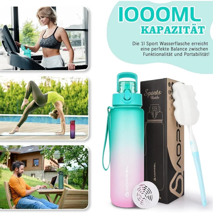 AOPREL Trinkflasche 1l BPA-frei Tritan Sport Auslaufsicher Fitness Camping Büro – Bild 7