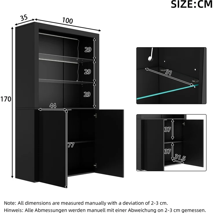 DESVIAE Hochschrank mit LED-Beleuchtung 100x170x35 cm MDF, Glas und Spanplatte Schwarz – Bild 10