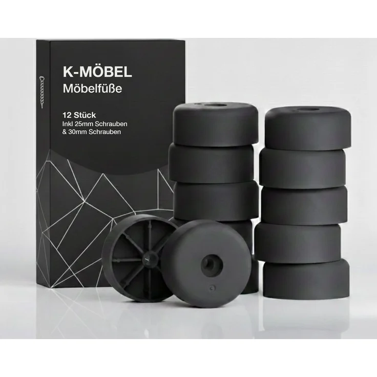 K-Möbel Möbelfüße Kunststoff 12 Stück 40x20mm inkl 25mm & 30mm Schrauben - Made in Germany - Füße für Möbel bis 300kg belastbar - Schrankfüße Schwarz - Möbelbeine für Schrank, Sofa, Tisch etc – Bild 1