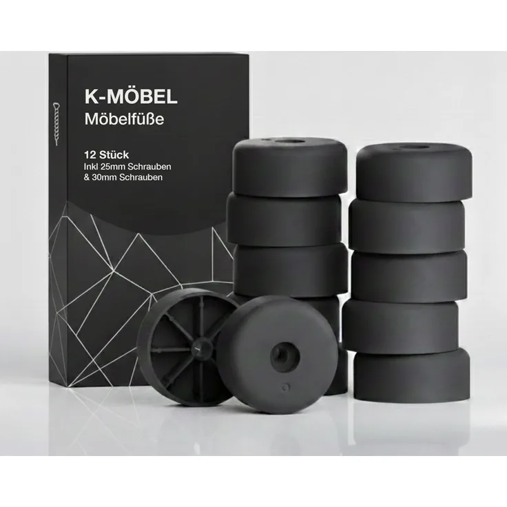 K-Möbel Möbelfüße Kunststoff 12 Stück 40x20mm inkl 25mm & 30mm Schrauben - Made in Germany - Füße für Möbel bis 300kg belastbar - Schrankfüße Schwarz - Möbelbeine für Schrank, Sofa, Tisch etc