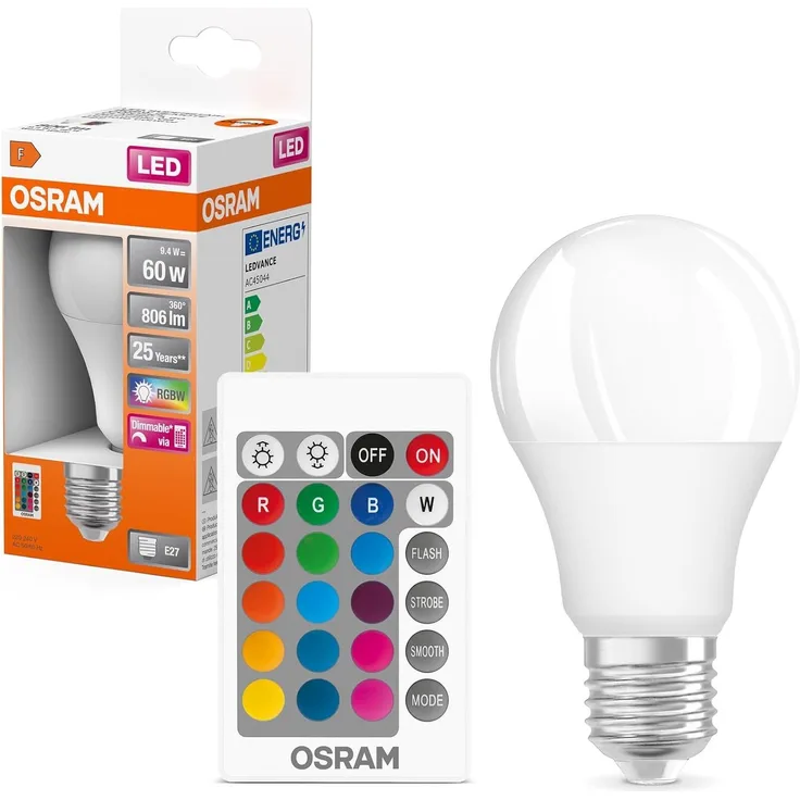 Osram STAR+ RGBW LED Lampe mit E27 Sockel, RGB-Farben per Fernbedienung änderbar, 9W, klassische Birnenform, Ersatz für 60W-Glühbirne, matt, LED Retrofit RGBW lamps with remote control, Einzelpack
