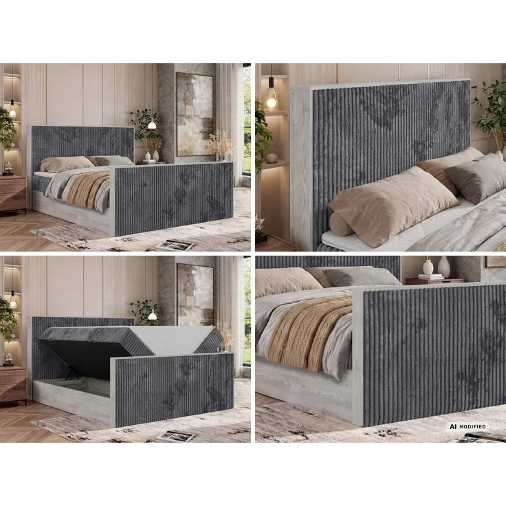 Boxspringbett NORDIC DUO 160 x 200 cm mit Matratze H3, hohe Kopfteil Doppelbett inkl. Topper T25 Holzoptik zwei Bettkästen - Grau Cord – Bild 2
