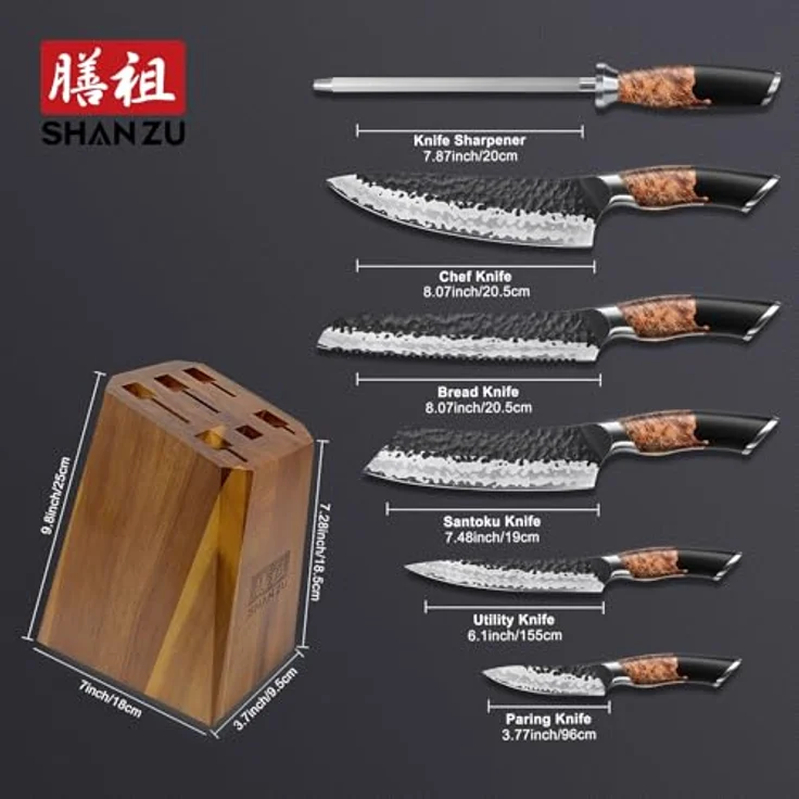 SHAN ZU Messerset 7 teilig, Japanisches Küchenmesser Set mit Block, 7 Schichten Hochwertigem Carbon Stahl Scharf Messerset für die Küche, Professionelles Kochmesserset mit Schärfer | 7 Lagen Carbonstahl & 10Cr15MoV-Stahlkern, Wetzstahl, Ahornholz-Griff... – Bild 2