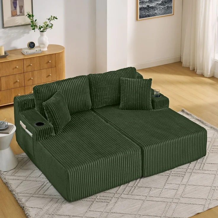 Schaumsofa Zwillinge aus Kordstoff mit Seitentasche & Getränkehalter, rahmenlos, grün – Bild 3
