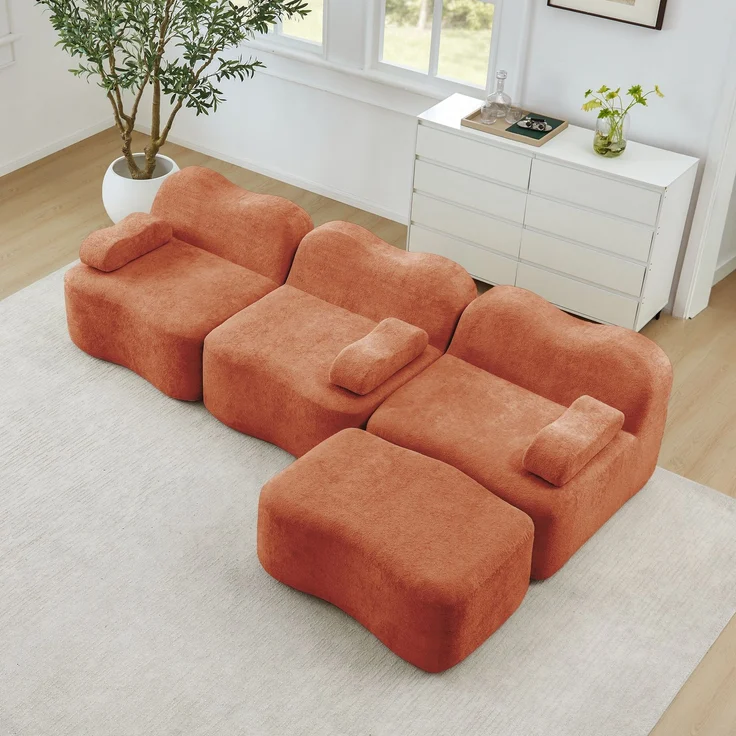 EINHOM 3-Sitzer L-förmiges Modulares Boneless Sofa mit 1 Ottoman, 32D Hochdichtschaum, Wellenform, tiefe Sitzfläche, bewegliches Armlehnenkissen, für Wohnzimmer, Orange – Bild 4