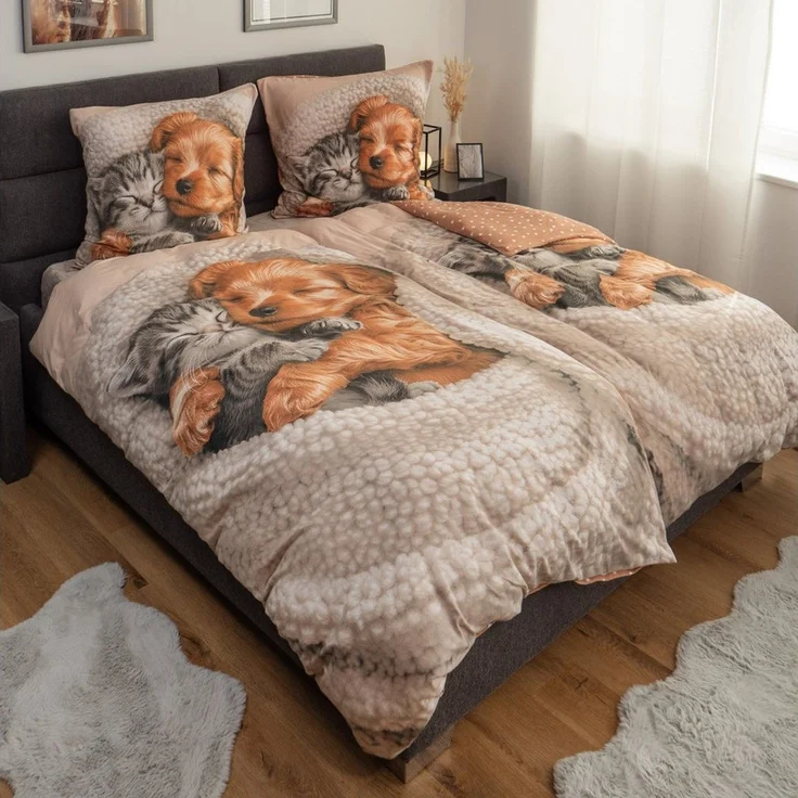 good morning Bettwäsche Comfort Baumwolle, Flanell, 2 teilig, Hund und Katze, sand, Wendebettwäsche – Bild 2